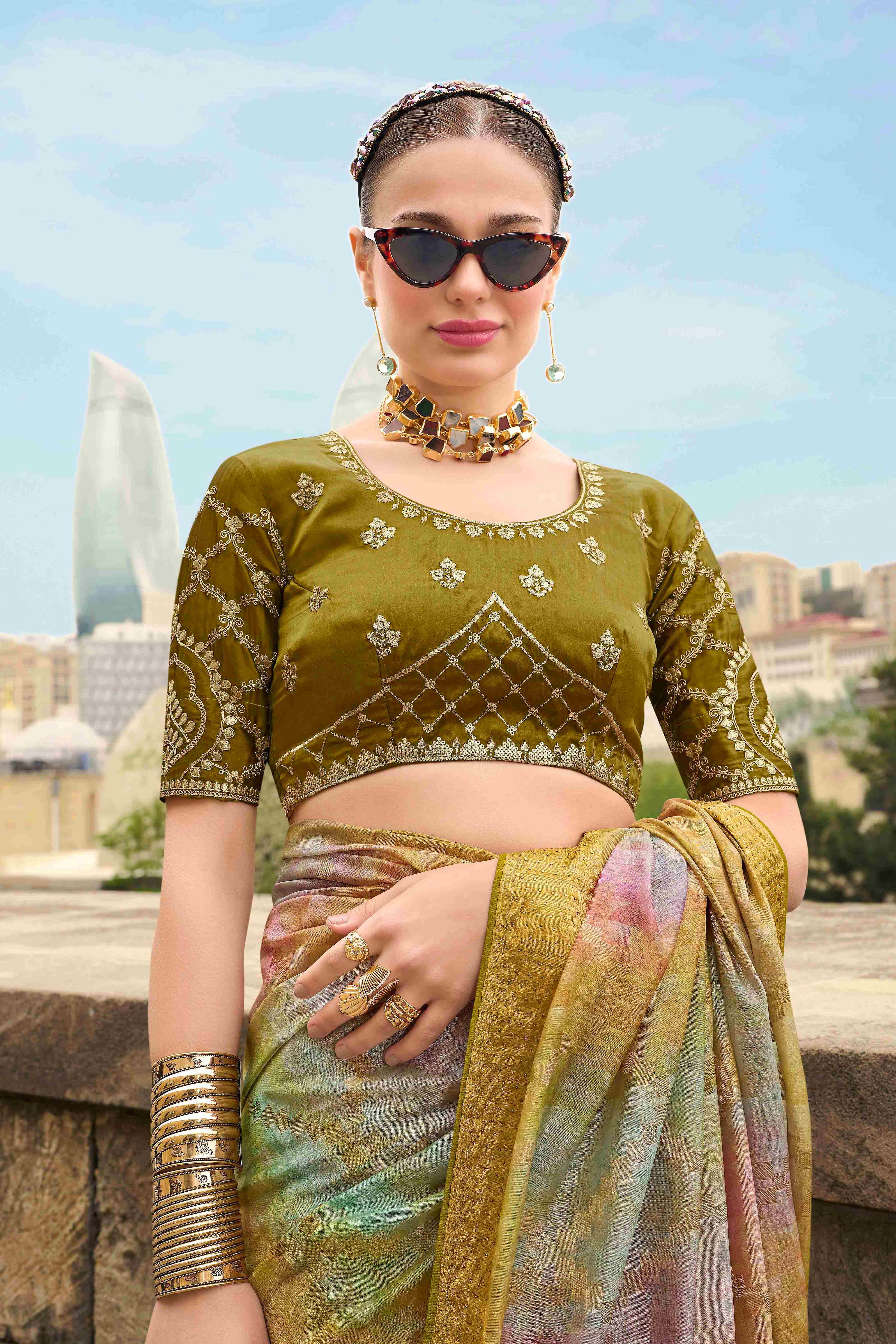 Avocado Green Jacquard Woven Saree