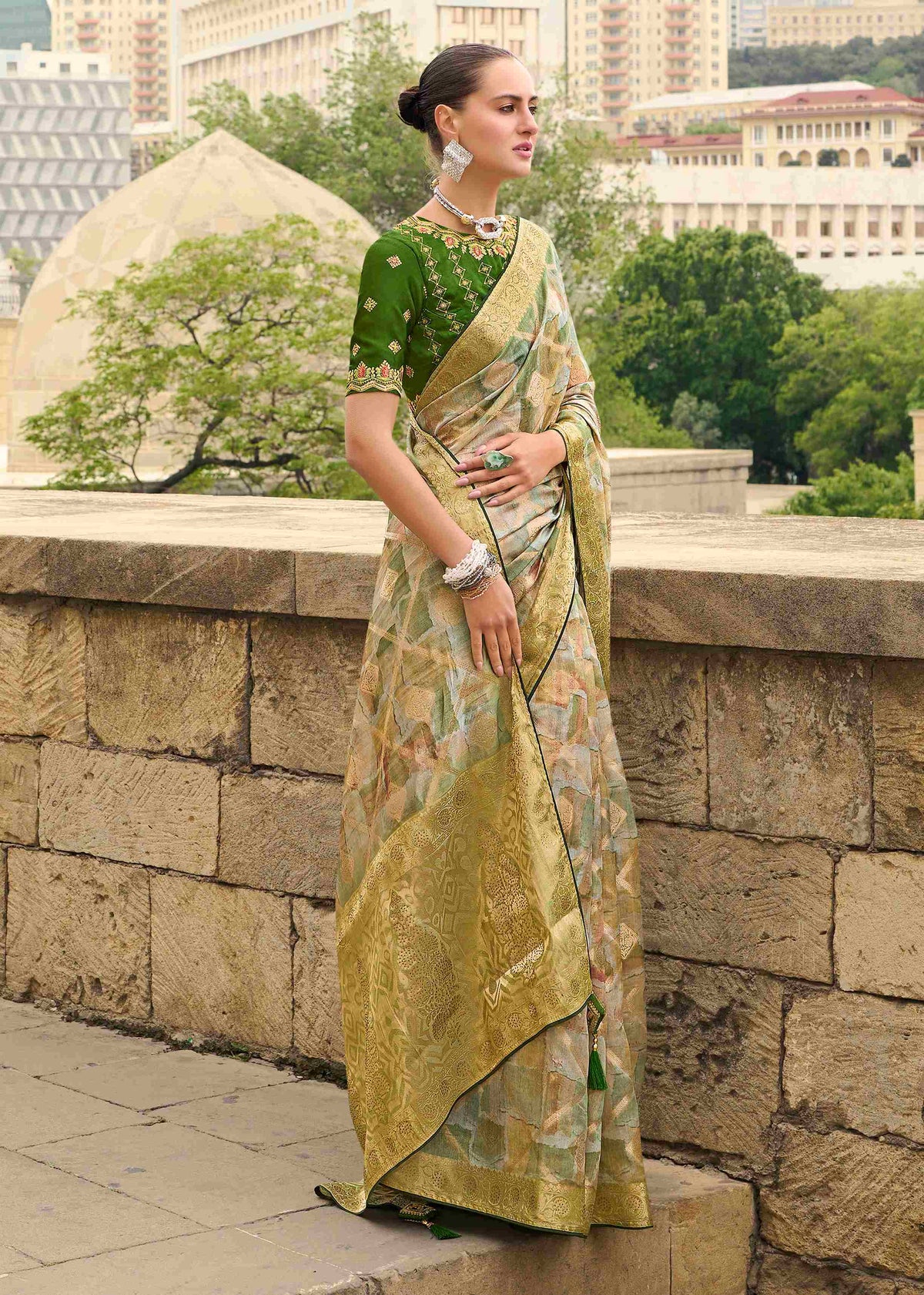 Multi Bottle Green Jacquard Woven Saree