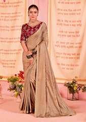 Brown Satin Jacquard Embroidery Saree