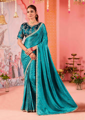 Sea Green Satin Jacquard Embroidery Saree