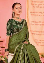 Olive Green Satin Jacquard Embroidery Saree