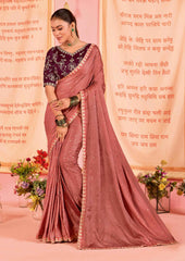 Rust Orange Satin Jacquard Embroidery Saree