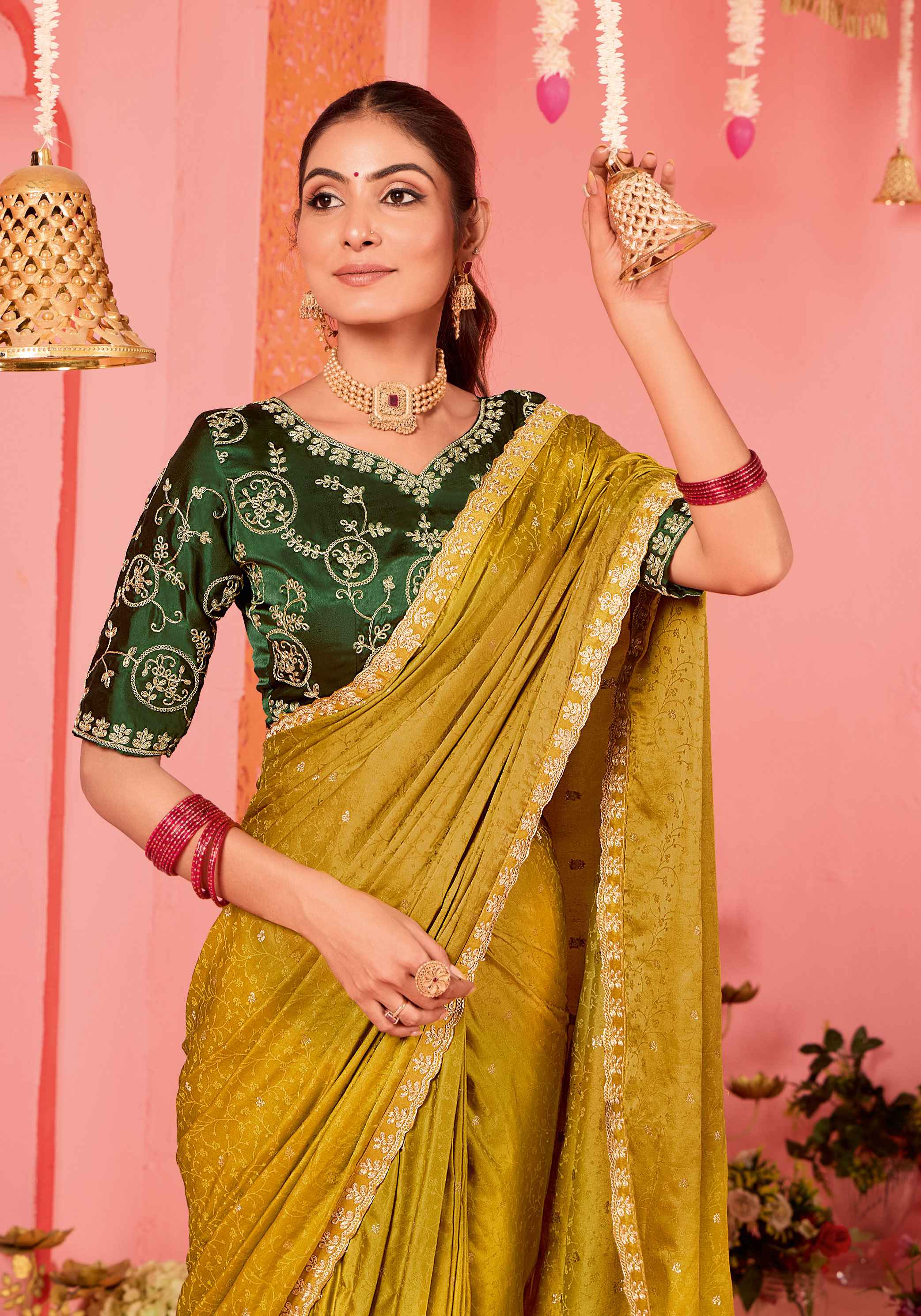 Gold Satin Jacquard Embroidery Saree