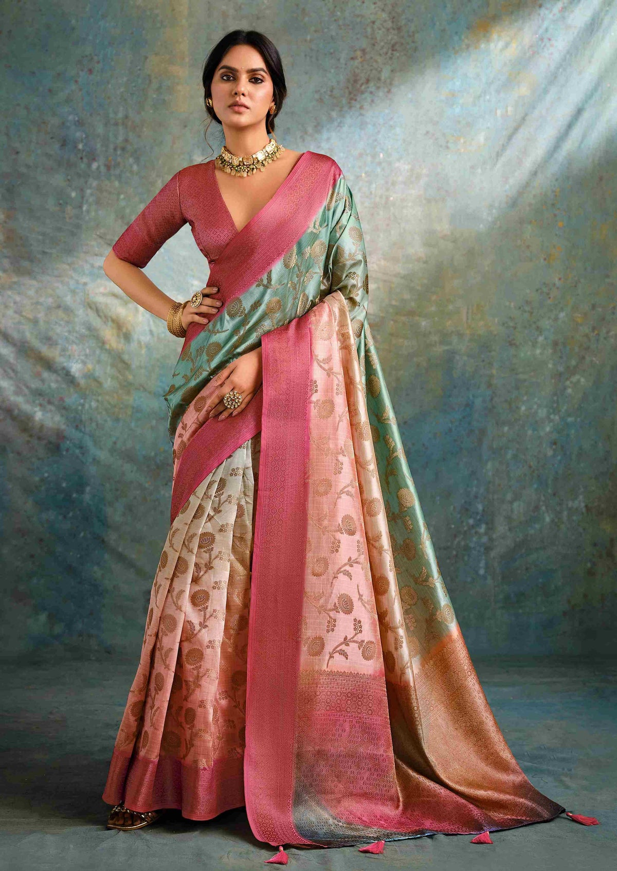 Multi Pink Jacquard Woven Saree