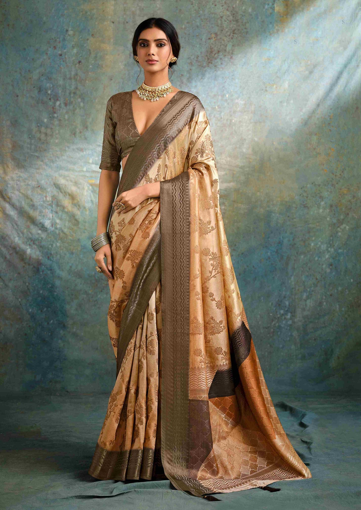 Beige Brown Jacquard Woven Saree