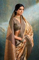 Beige Brown Jacquard Woven Saree