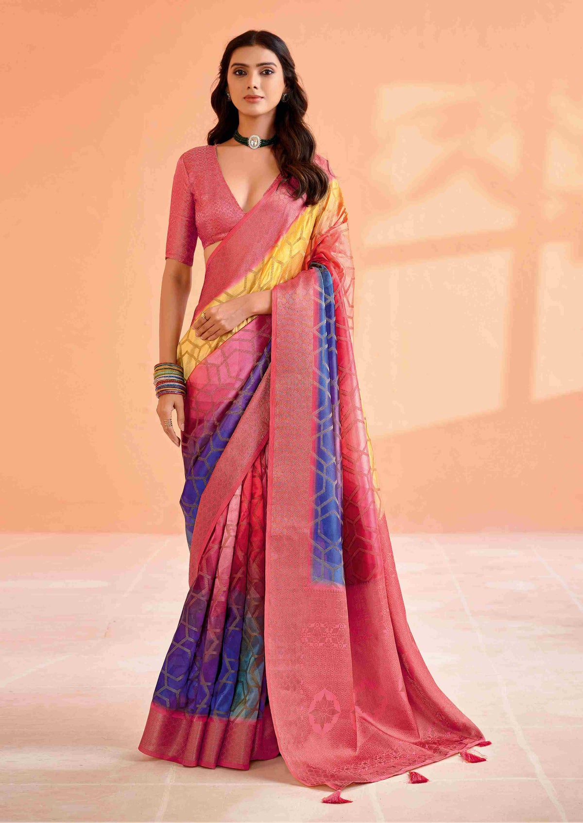 Multi Red Organza Jacquard Woven Saree