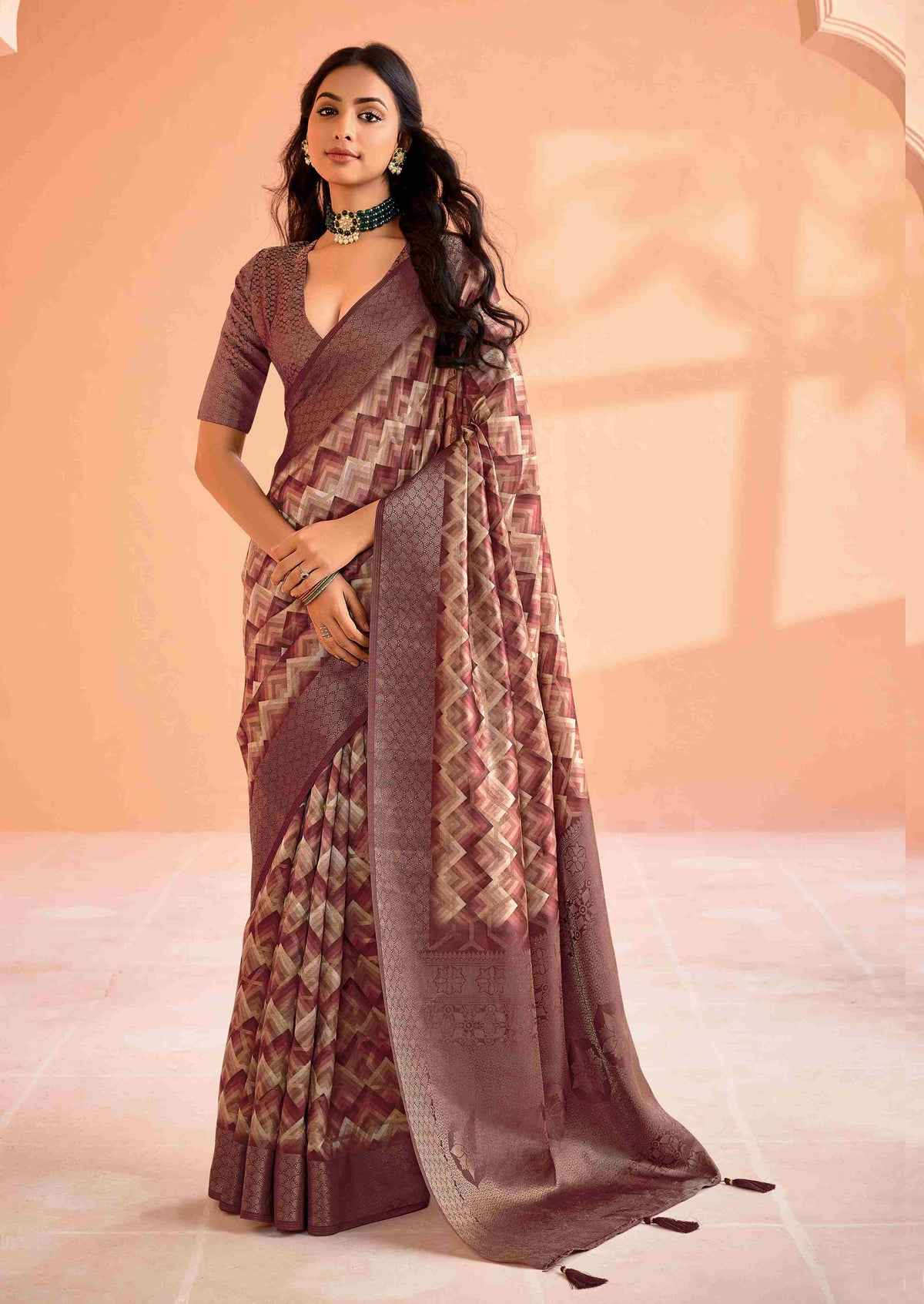 Brown Organza Jacquard Woven Saree