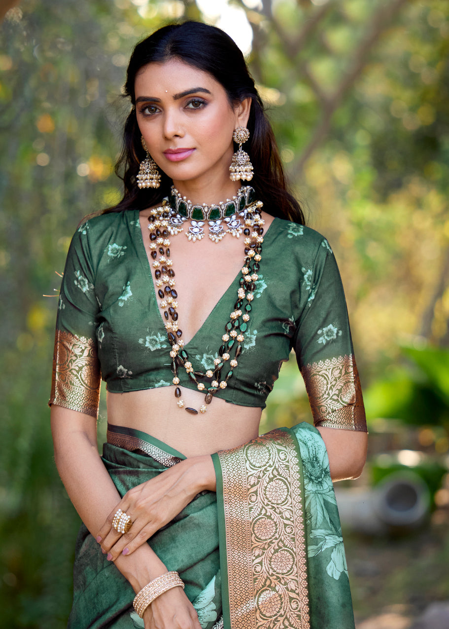 Hazel Green Cotton Silk Digital Floral Print Saree-4433
