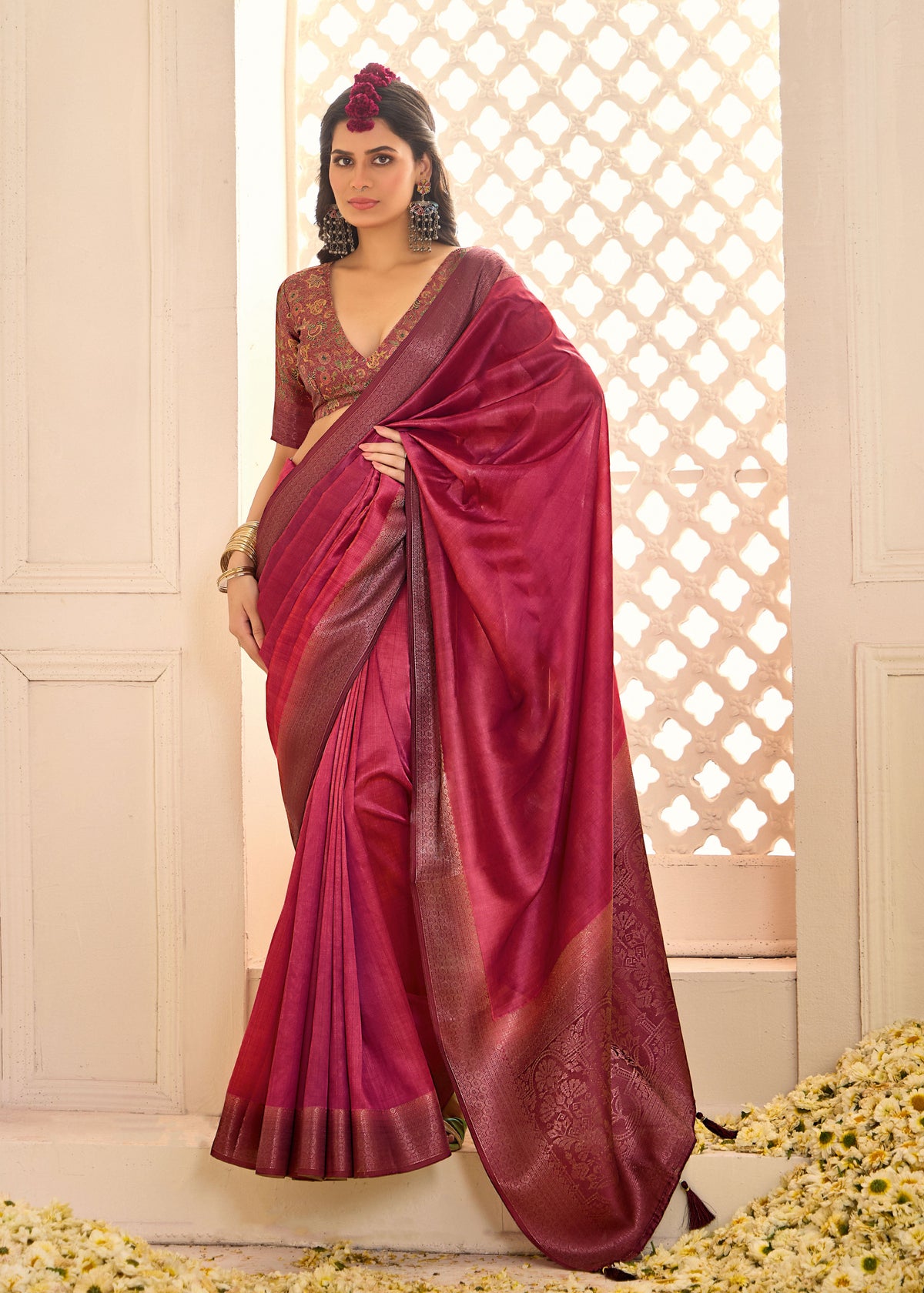 Light Burgundy Tussar Silk Woven Saree