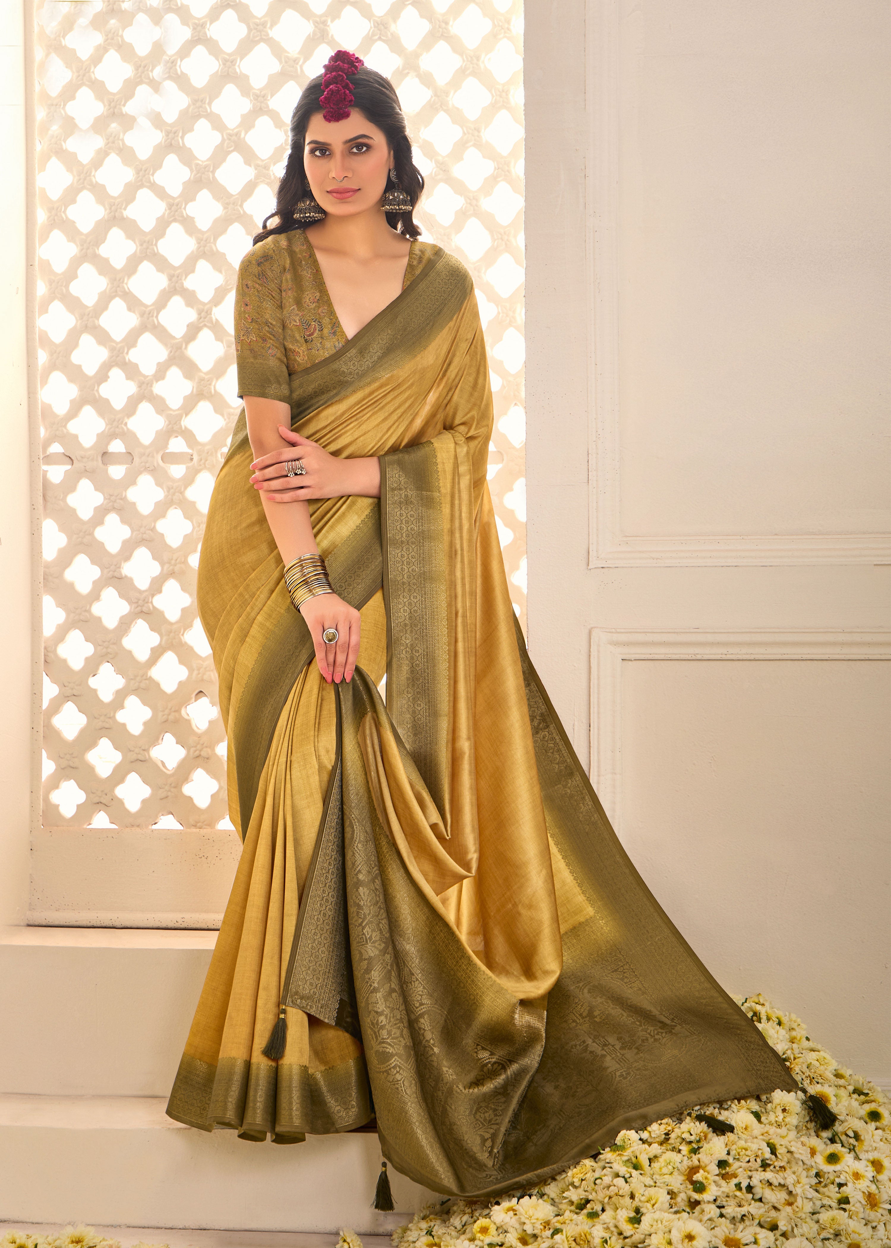 Gold Tussar Silk Woven Saree