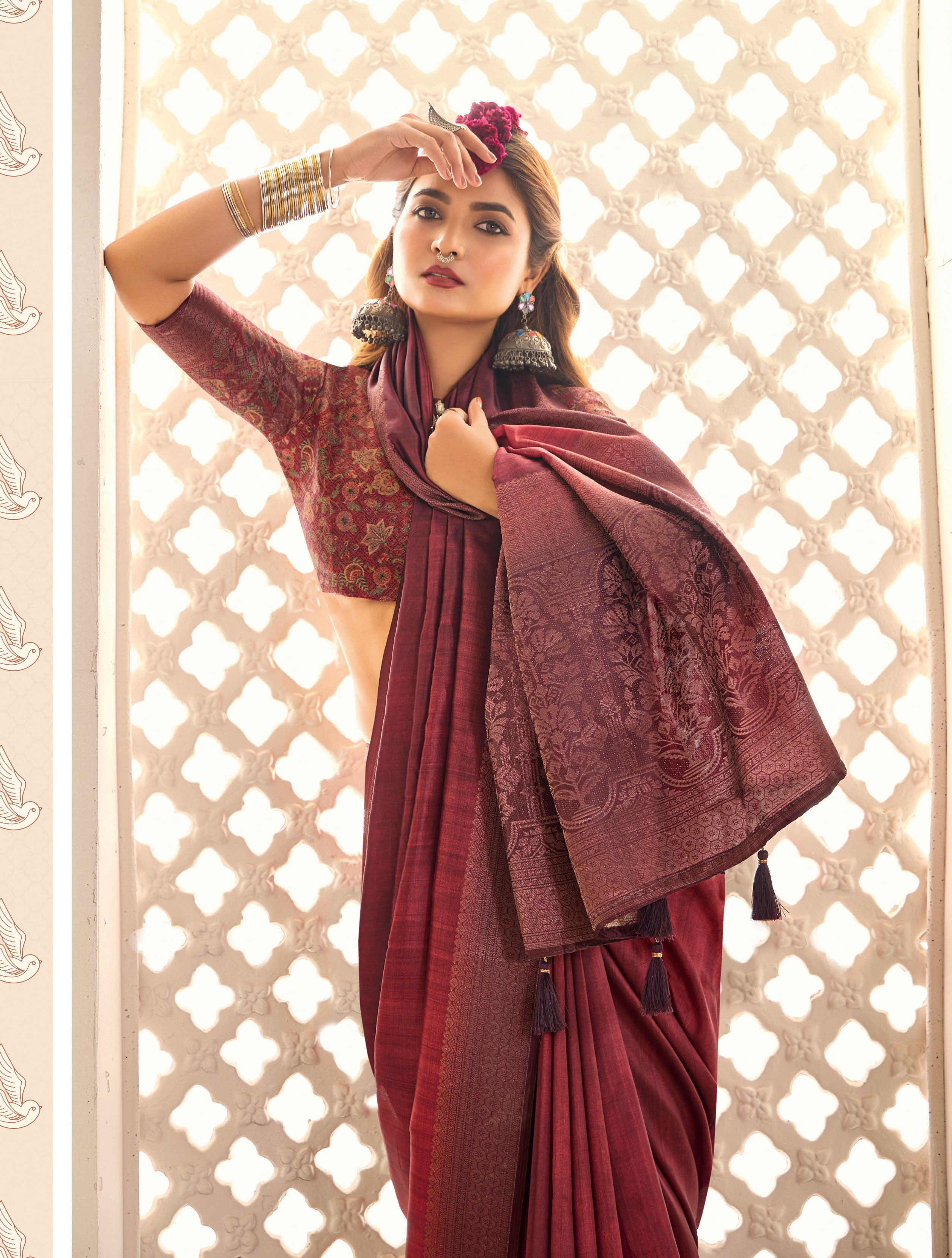 Velvet Maroon Tussar Silk Woven Saree