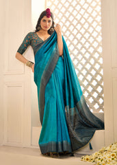 Pacific Blue Tussar Silk Woven Saree