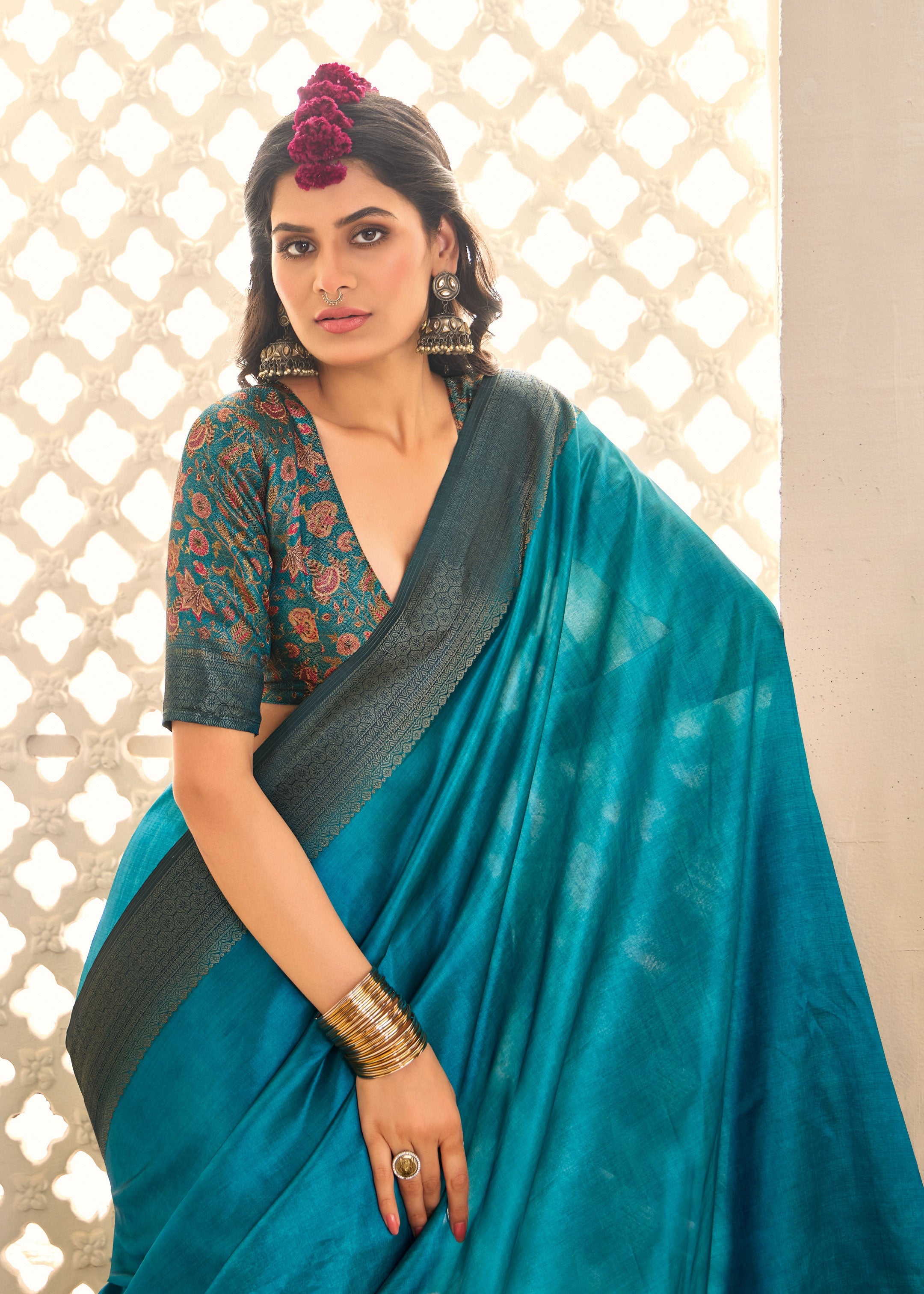 Pacific Blue Tussar Silk Woven Saree