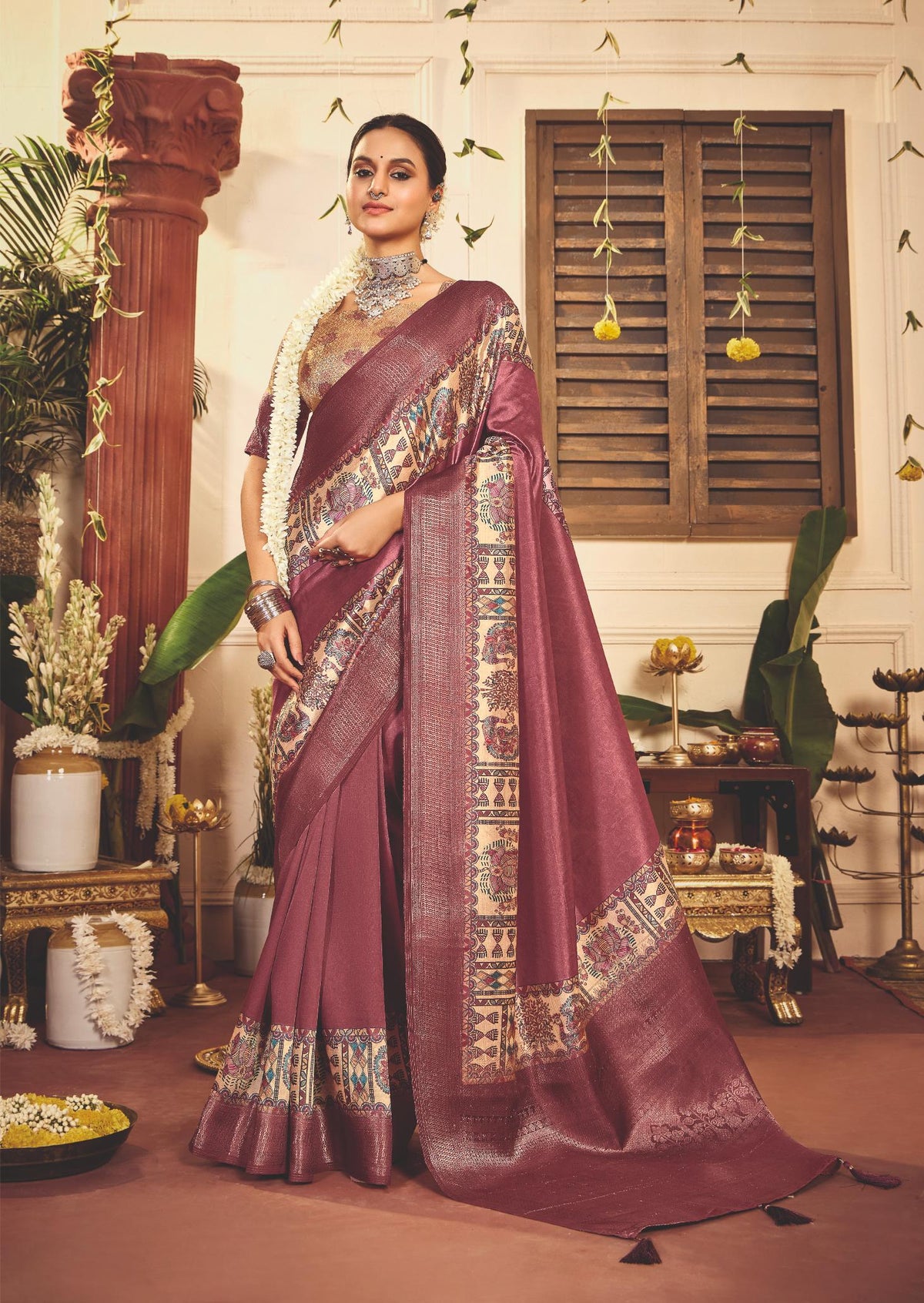 Light Maroon Tussar Silk Tribal Print Saree