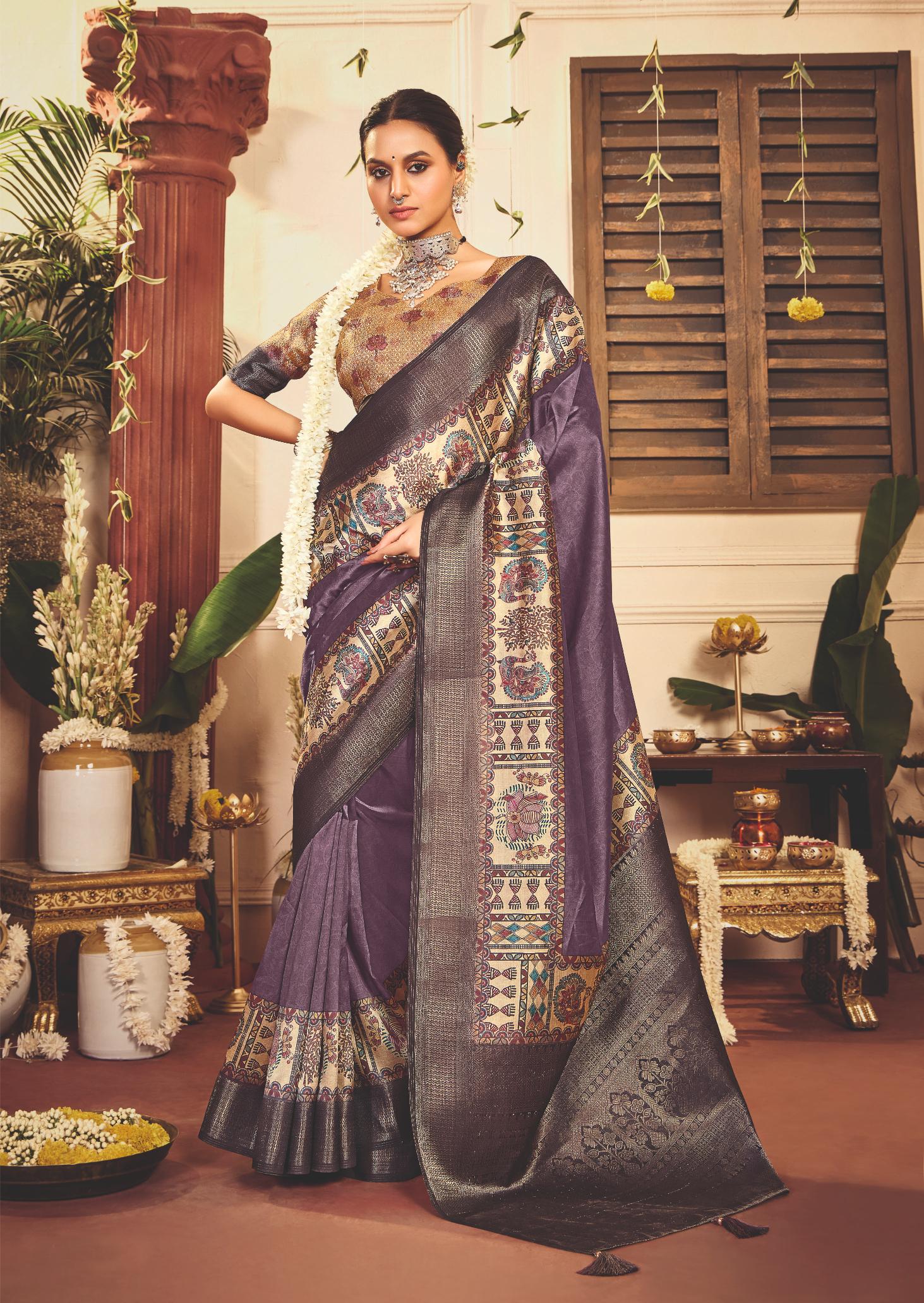 Dull Purple Tussar Silk Tribal Print Saree