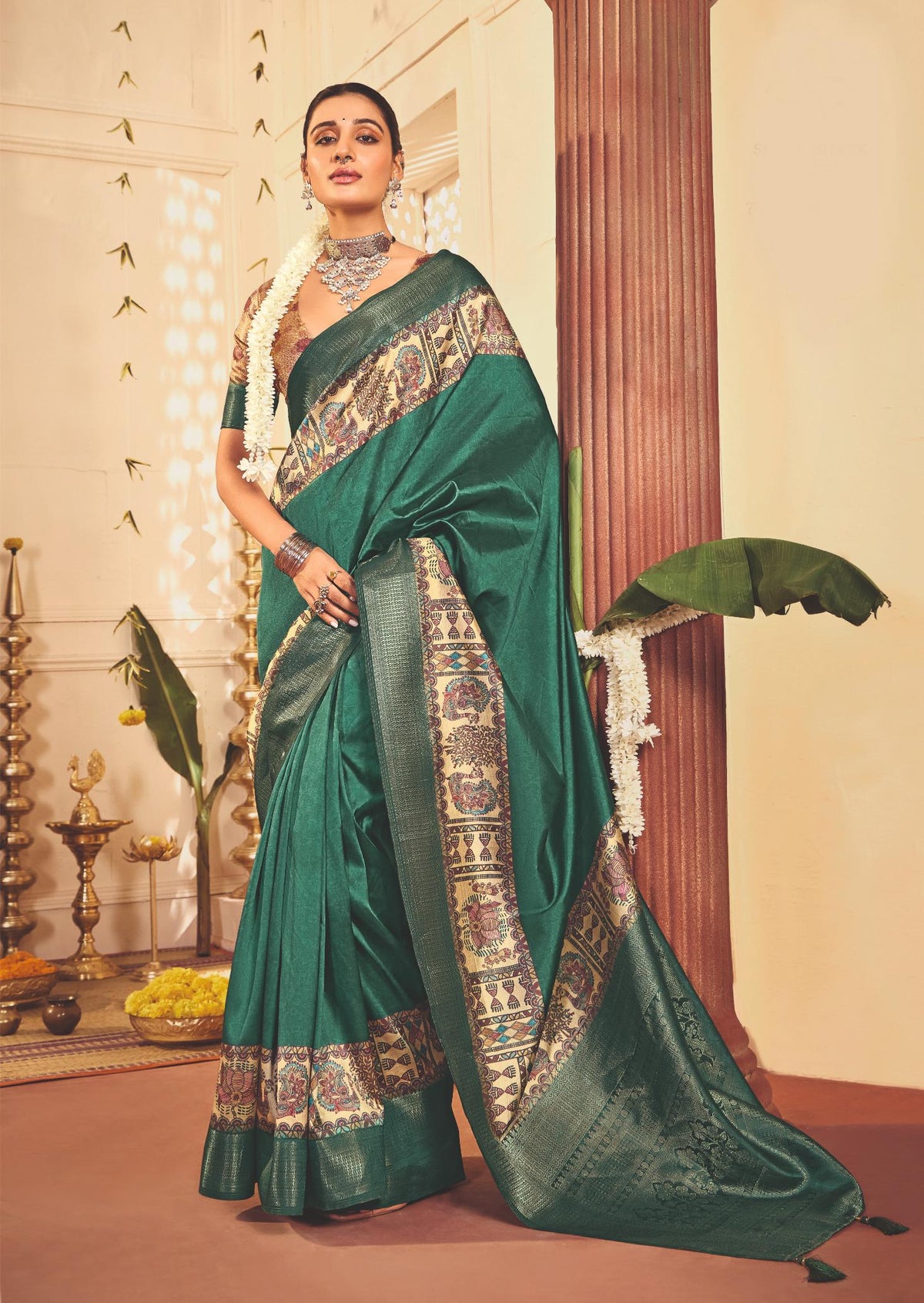 Mineral Green Tussar Silk Tribal Print Saree