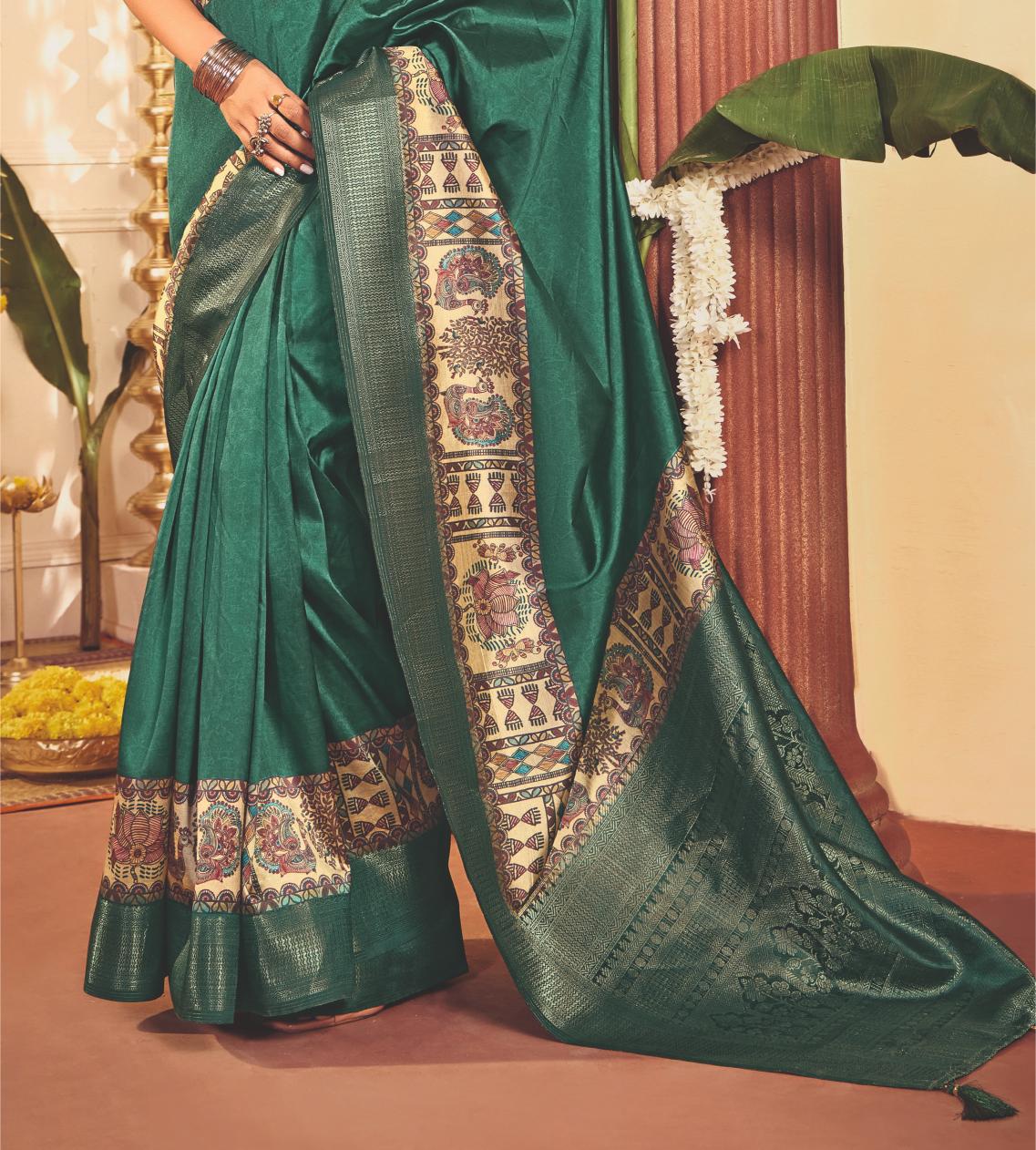 Mineral Green Tussar Silk Tribal Print Saree