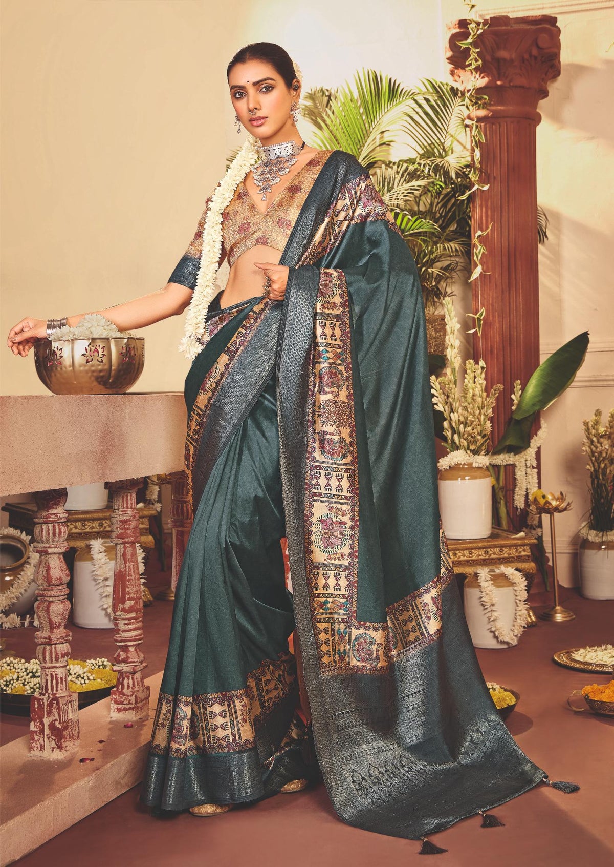 Lunar Green Tussar Silk Tribal Print Saree