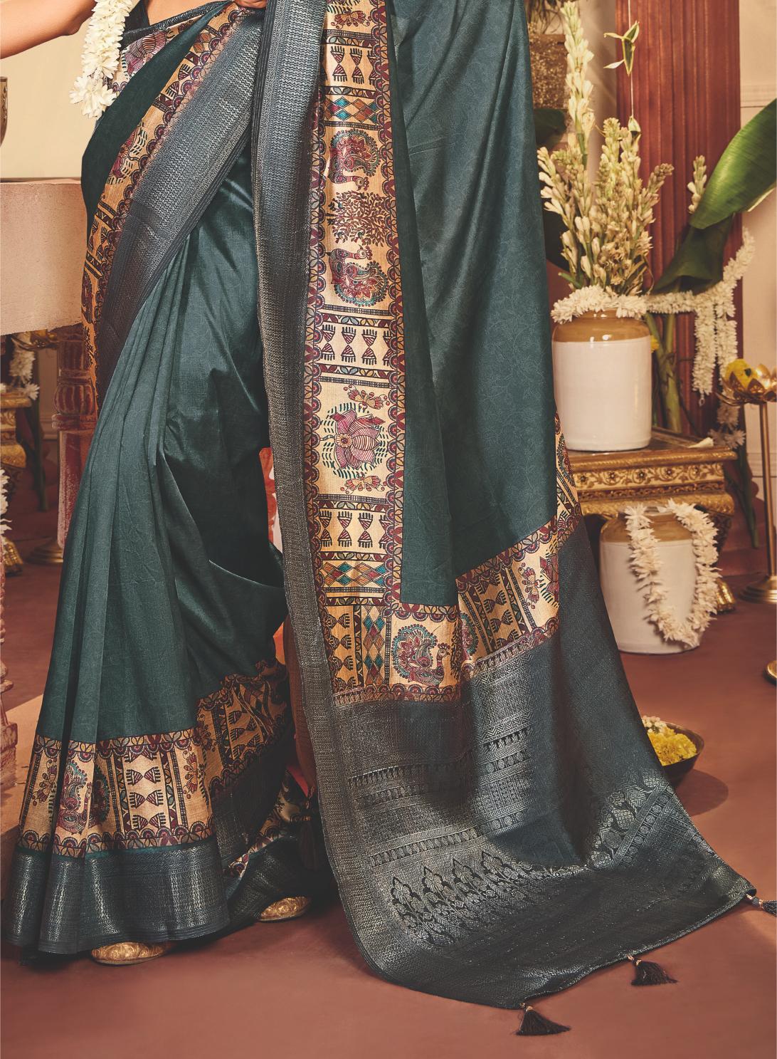 Lunar Green Tussar Silk Tribal Print Saree