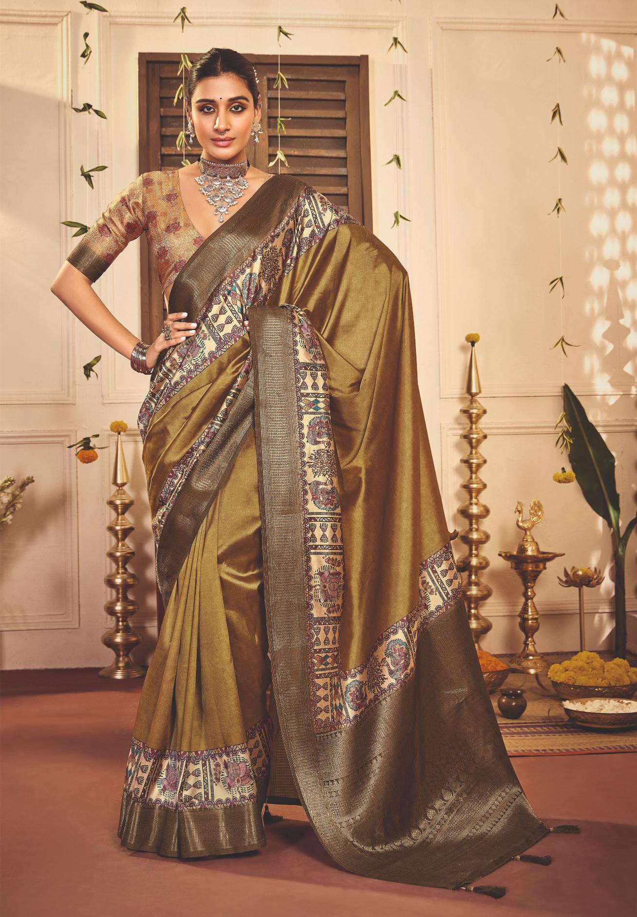 French Beige Tussar Silk Tribal Print Saree