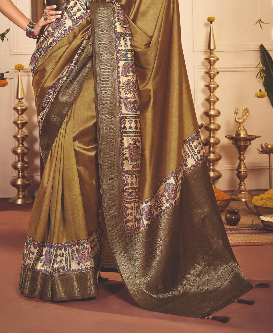 French Beige Tussar Silk Tribal Print Saree