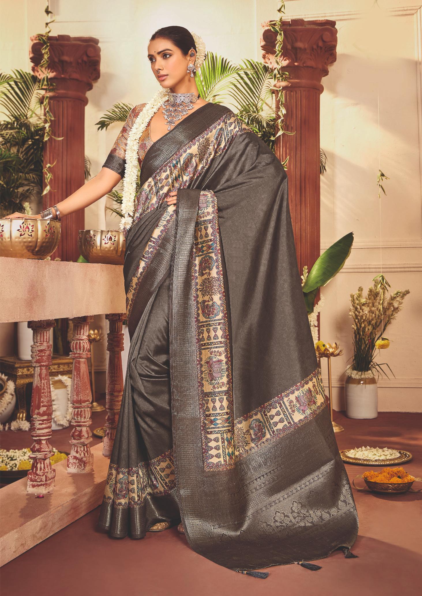 Slate Grey Tussar Silk Tribal Print Saree