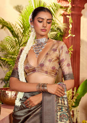 Slate Grey Tussar Silk Tribal Print Saree