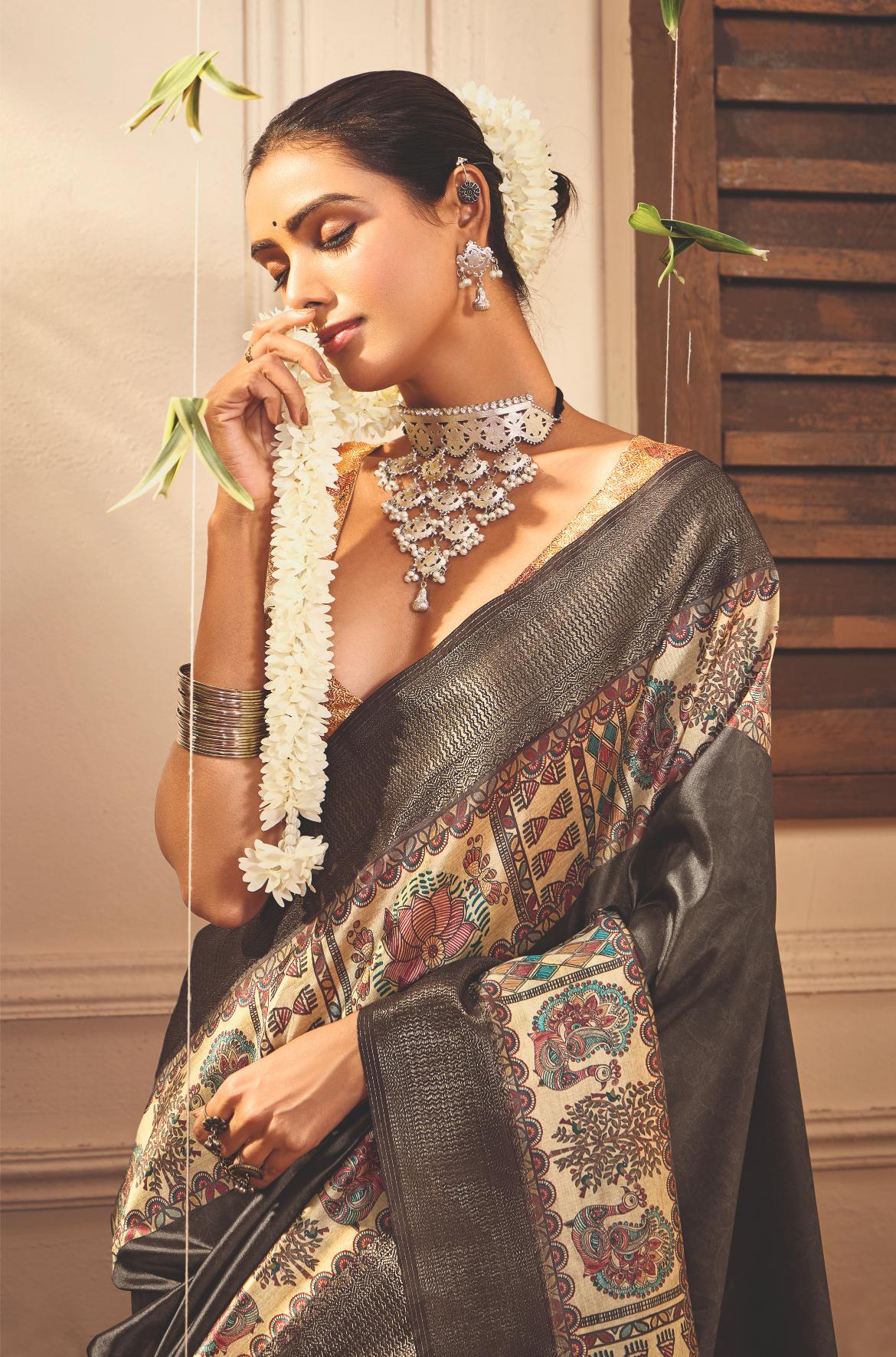 Slate Grey Tussar Silk Tribal Print Saree