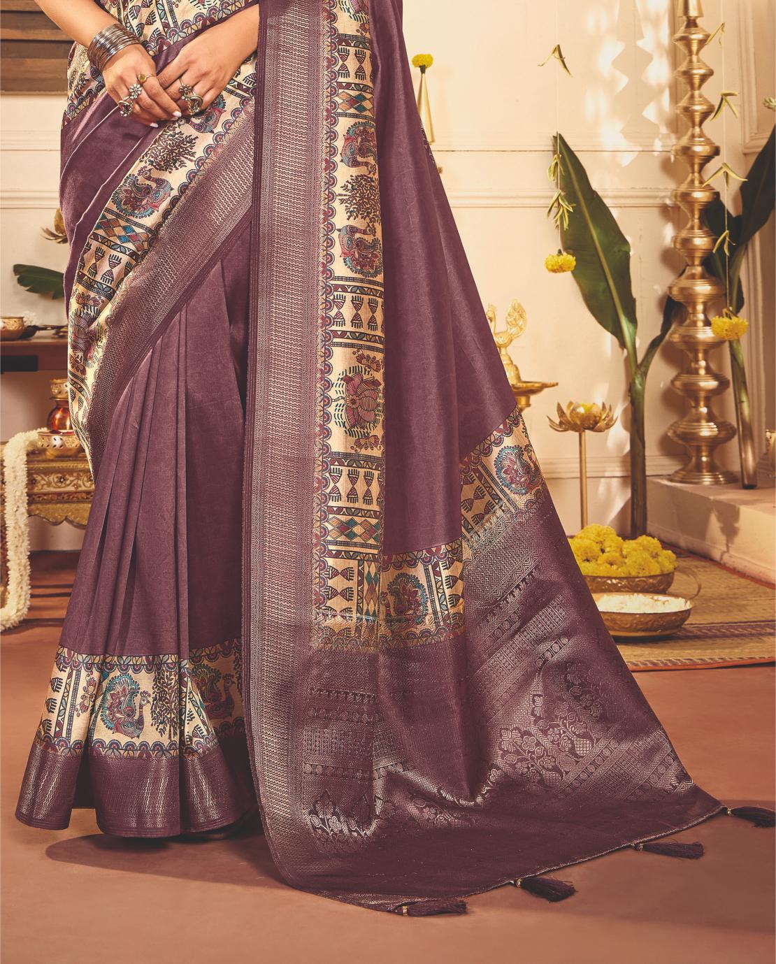 Brownish Purple Tussar Silk Tribal Print Saree