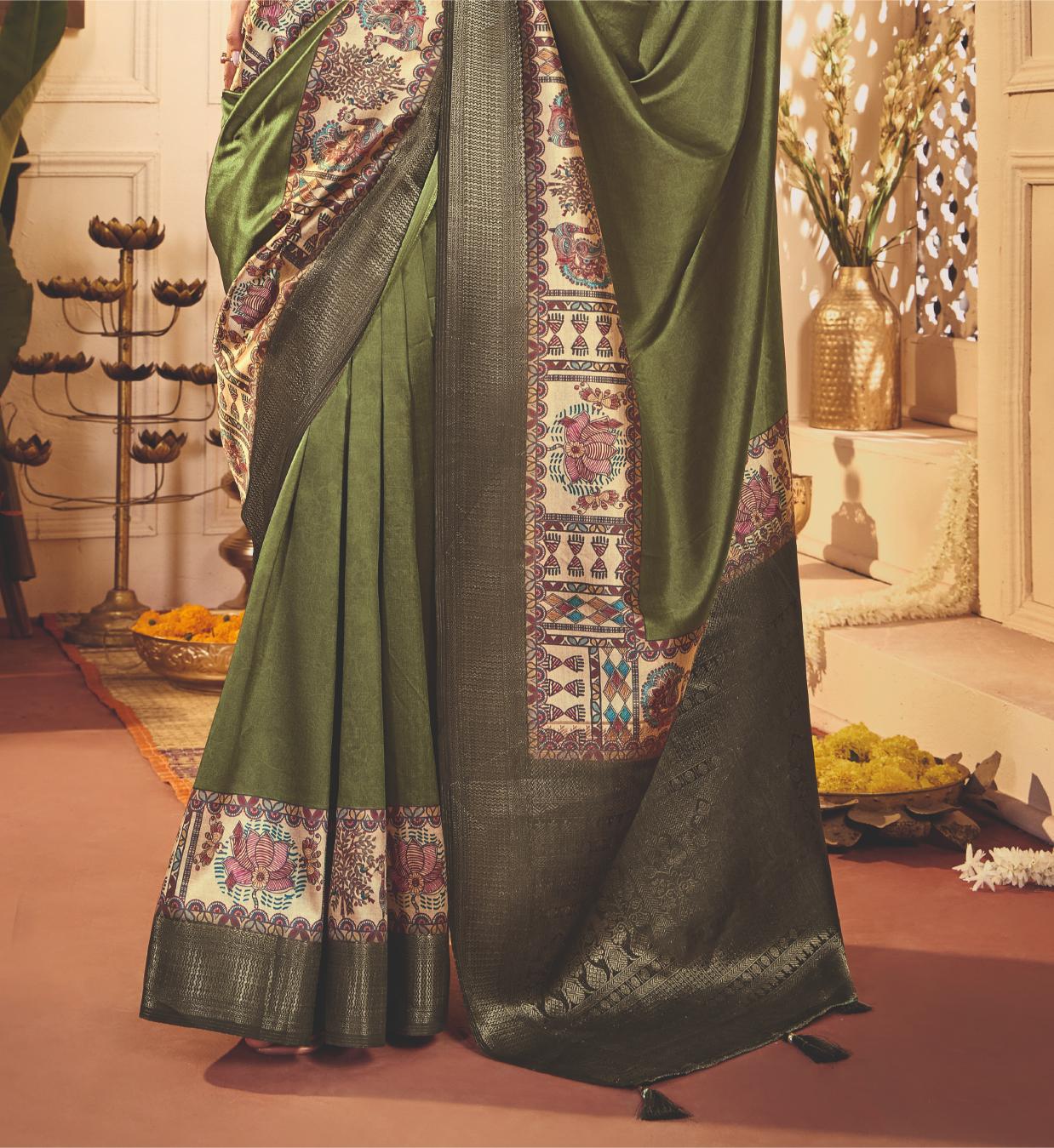 Dark Green Tussar Silk Tribal Print Saree