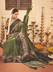 Dark Green Tussar Silk Tribal Print Saree