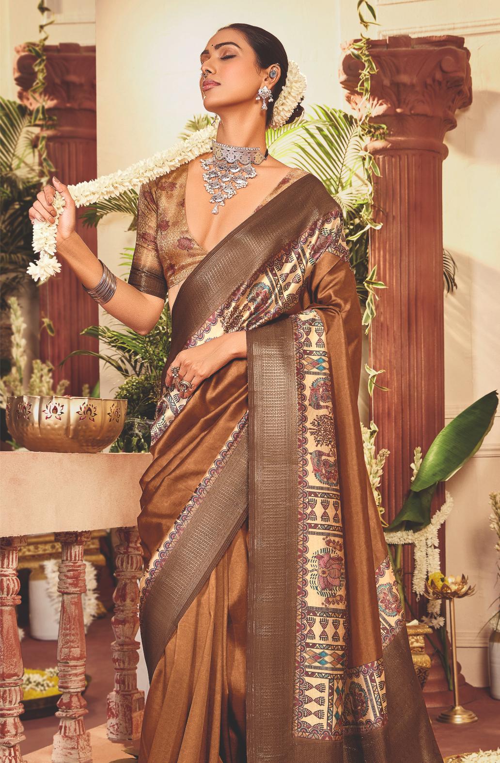 Copper Tussar Silk Tribal Print Saree