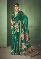 Teal Green Tussar Silk Floral Print Saree