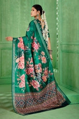 Teal Green Tussar Silk Floral Print Saree