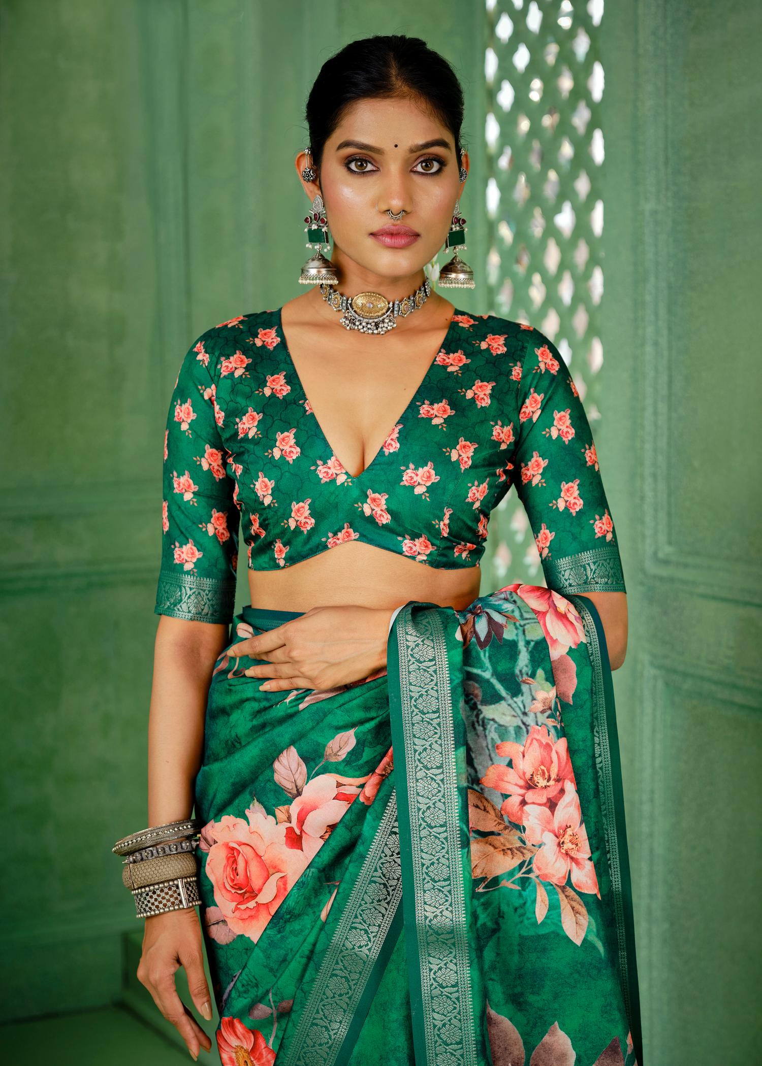 Teal Green Tussar Silk Floral Print Saree