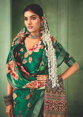 Teal Green Tussar Silk Floral Print Saree