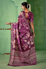 Dark Mauve Tussar Silk Floral Print Saree