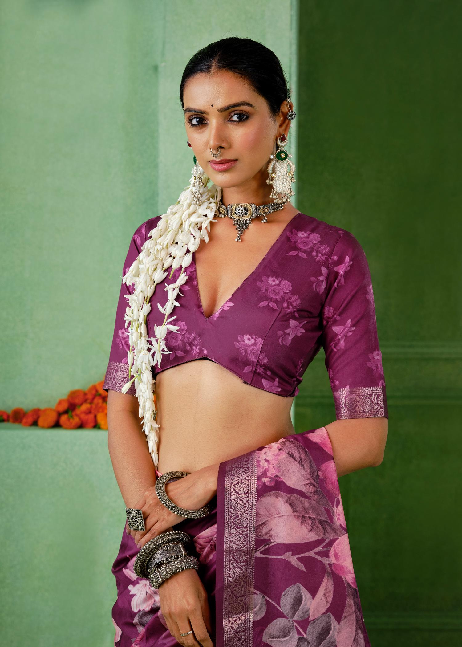 Dark Mauve Tussar Silk Floral Print Saree