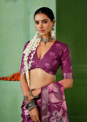 Dark Mauve Tussar Silk Floral Print Saree