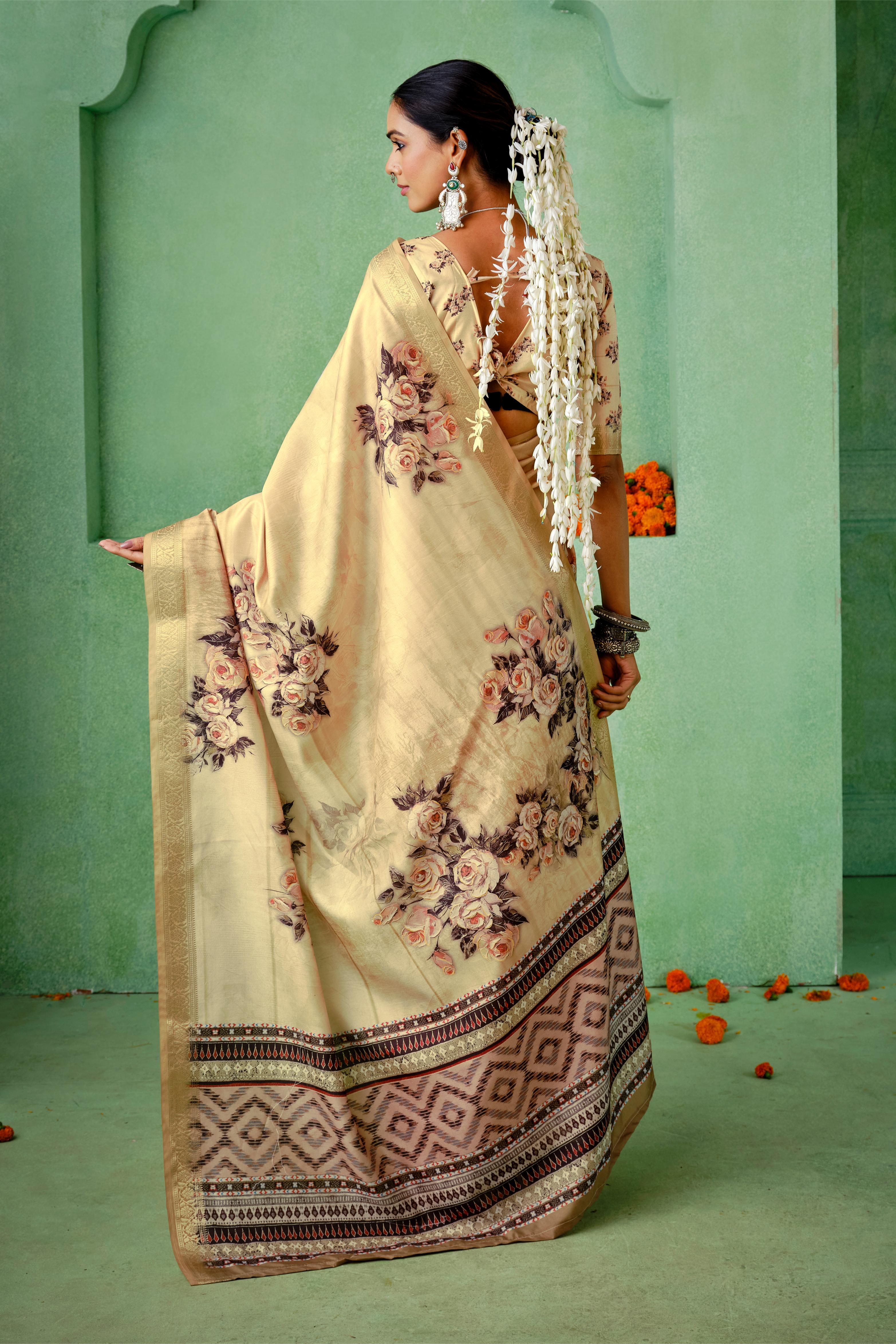 Light Peach Tussar Silk Floral Print Saree