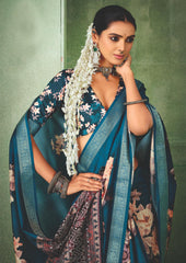 Regal Blue Tussar Silk Floral Print Saree