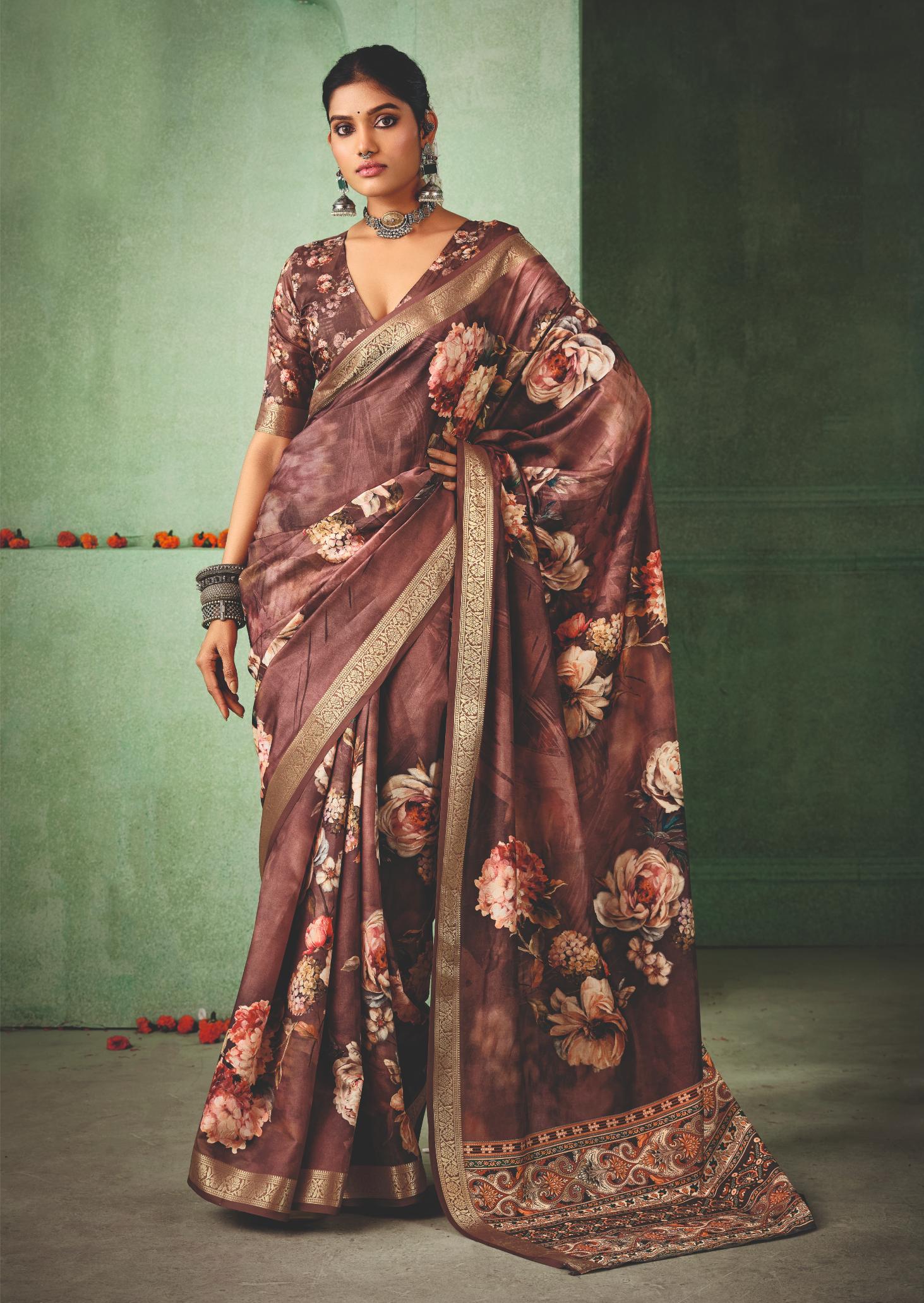 Coffee Brown Tussar Silk Floral Print Saree