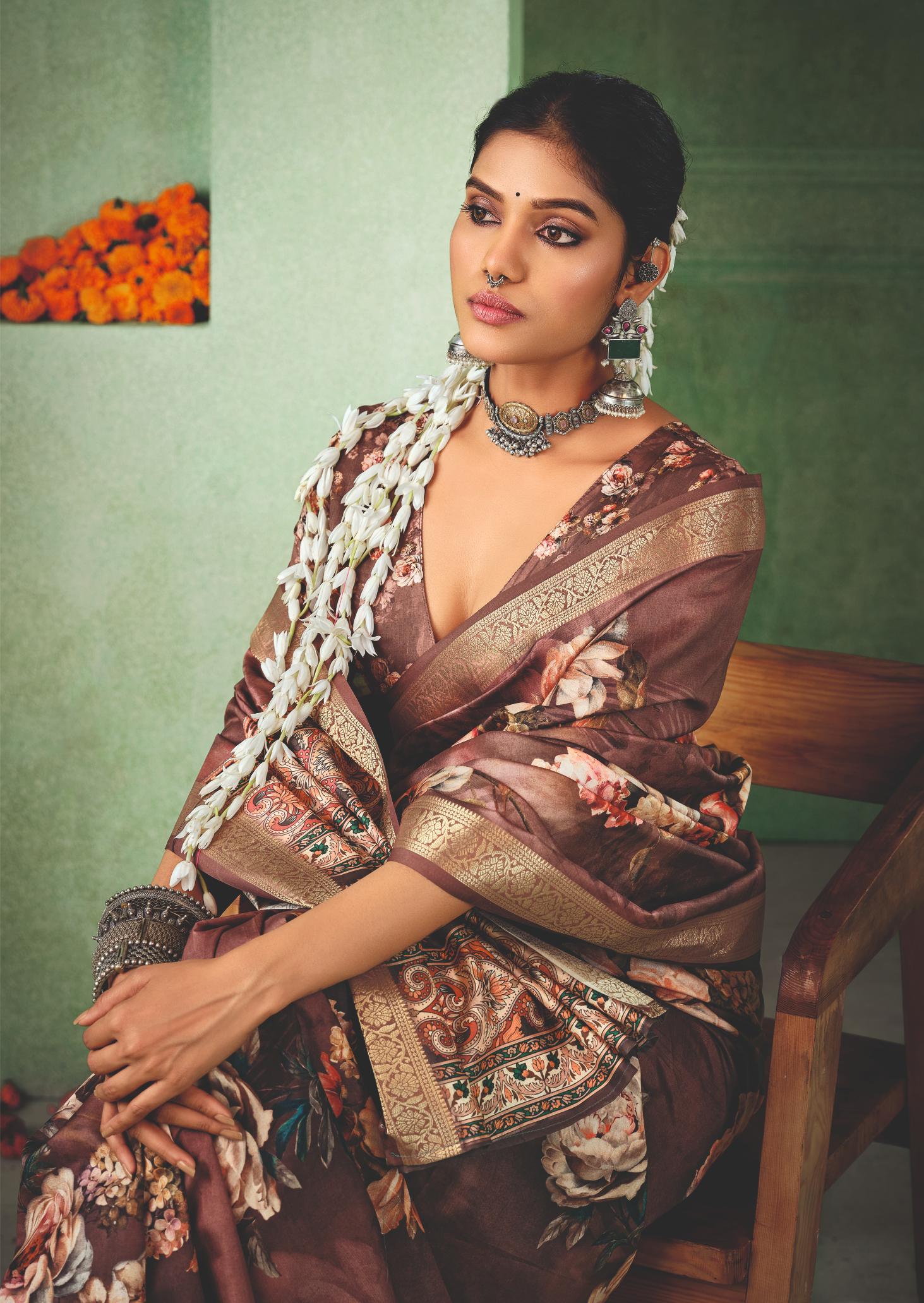 Coffee Brown Tussar Silk Floral Print Saree