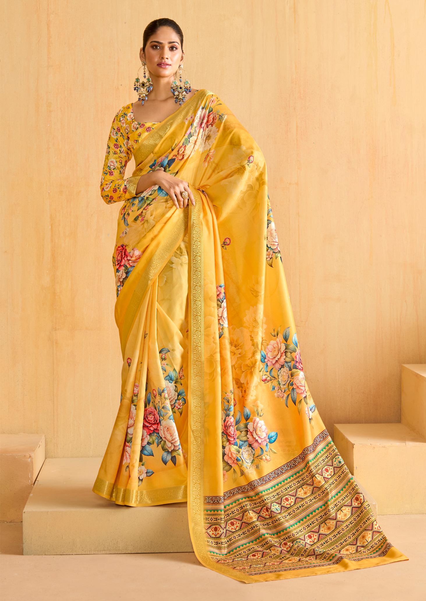 Yellow Tussar Silk Floral Print Saree