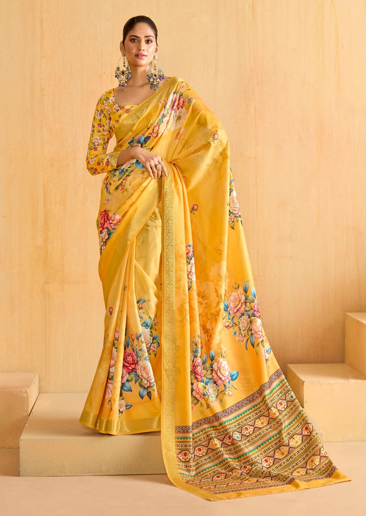 Yellow Tussar Silk Floral Print Saree