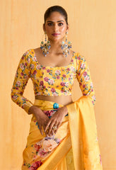 Yellow Tussar Silk Floral Print Saree