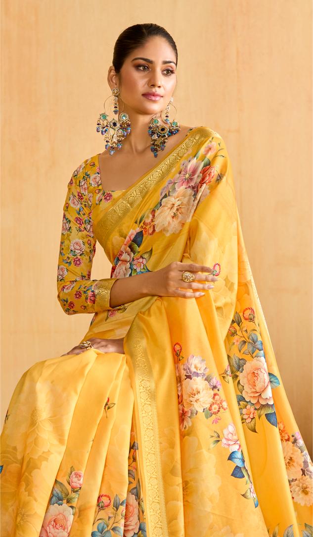 Yellow Tussar Silk Floral Print Saree