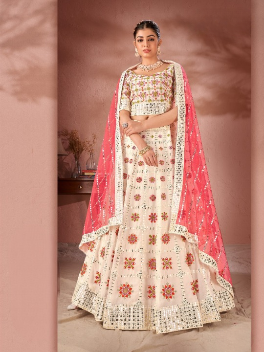 Off White Georgette Sequins Thread Work  Lehenga Choli