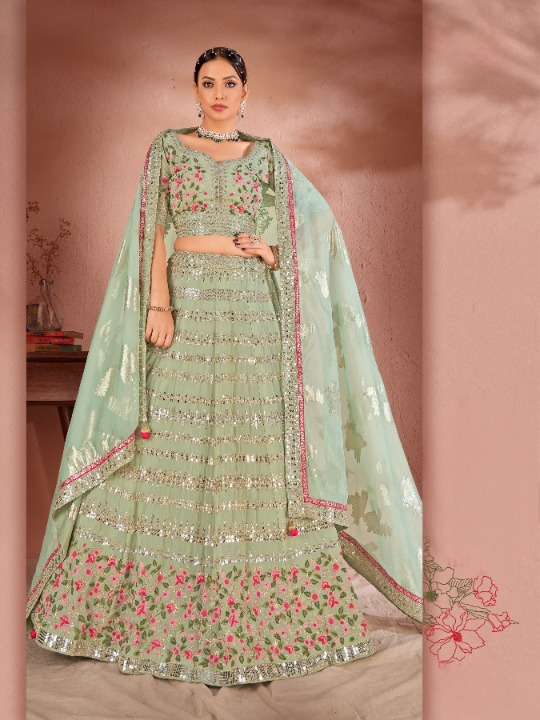 Pista Georgette Sequins Thread Work  Lehenga Choli